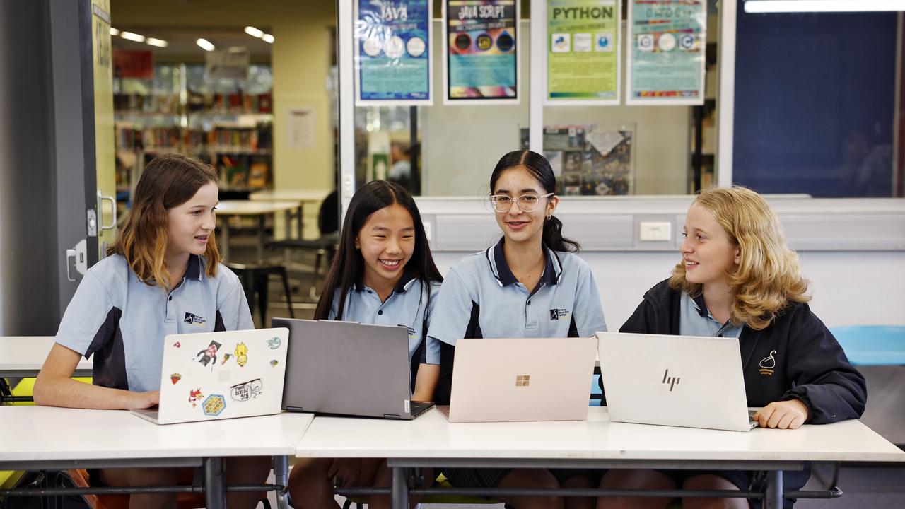 Sydney Secondary College (Leichhardt High School) Year 7 students (L to R) Mina McGlashan, Lauren Chow, Myraa Bali and Joshua Jeremy have been learning how to combat risks to their online safety – and what to do if they become targets. Picture: Sam Ruttyn