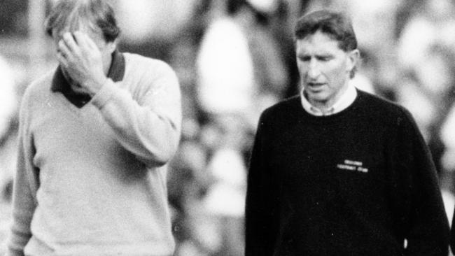 Former Geelong coach Malcolm Blight with assistant and Ballarat’s Graeme Gellie in 1991. Picture: BRETT FAULKNER