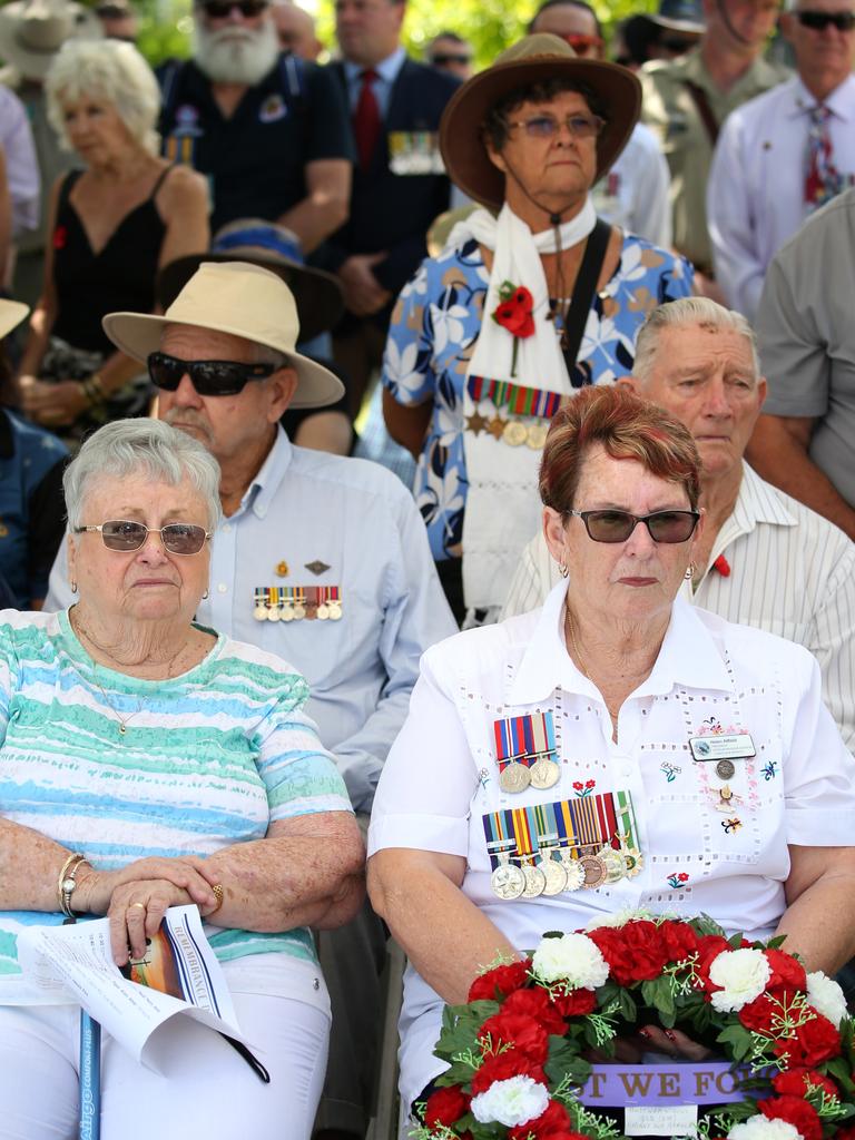 War widows Lorraine Watts and Helen Atfield at the Remembrance Day commemorations at the Cairns Cenotaph PICTURE: ANNA ROGERS