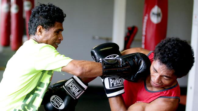 PNG boxers Beupu Noki and John Ume spar at PUNCH Blackbelt Pro Gym, Randwick, ahead of the Second to None charity bout at Inglis on March 10. Picture: Craig Wilson