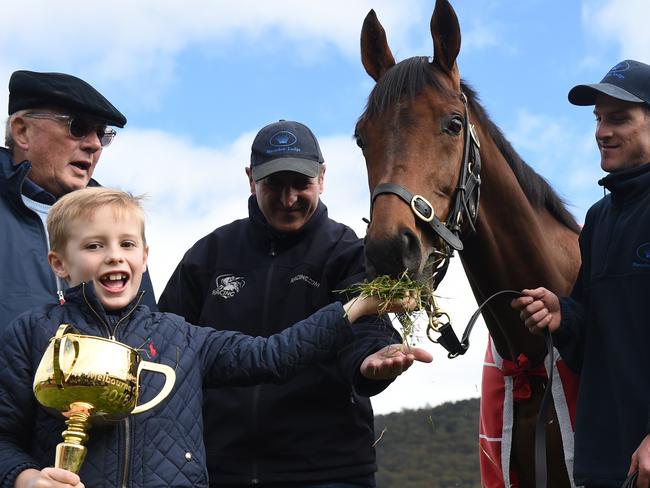 Melbourne Cup winner Almandin with (left to right) owner Lloyd Williams, trainer Rob Hickmott, Joel Flannery and jockey Kerrin McEvoy, with Lloyd's grandson Frank Williams holding the Melbourne Cup at Macedon Lodge in Melbourne, Wednesday. Nov. 2, 2016. Almandin overcame a potent international challenge to beat the Irish stayer Heartbreak City in the Melbourne Cup, with Hartnell taking the minor placing. (AAP Image/Tracey Nearmy) NO ARCHIVING