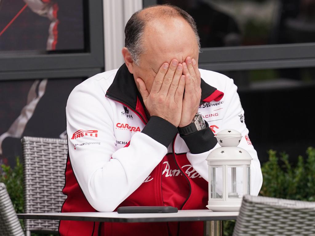 Haas team principle Frederic Vasseur reacts after the event has been cancelled. (AAP Image/Michael Dodge)