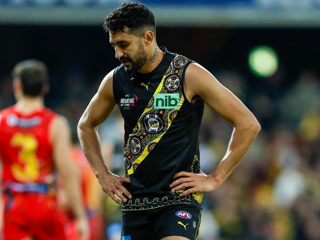 Marlion Pickett can’t believe the Tigers blew it. Picture: Russell Freeman/AFL Photos via Getty Images