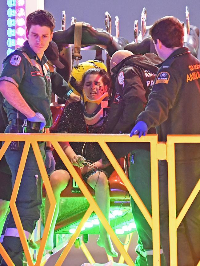 Emergency services rescue a woman injured on a ride at the Royal Adelaide Show. Picture: Tom Huntley