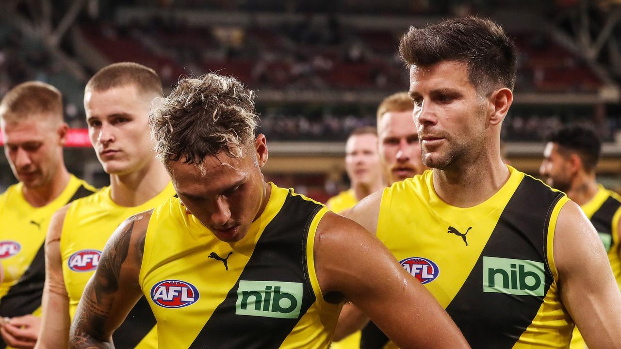 A dejected Shai Bolton and Trent Cotchin after the loss. Picture: AFL Photos via Getty Images