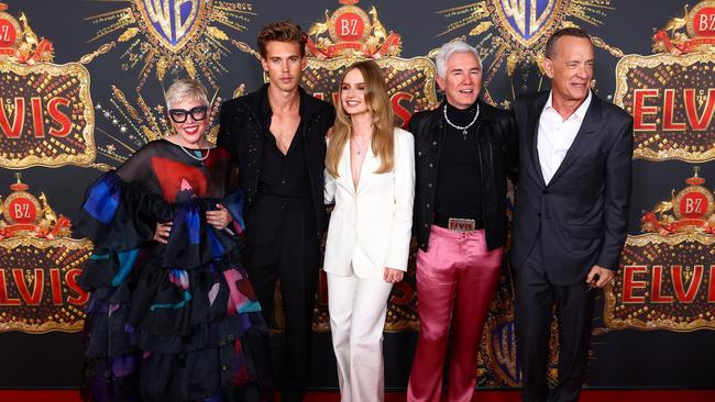 Catherine Martin, Austin Butler, Olivia DeJonge, Baz Luhrmann, Tom Hanks attend the Australian premiere of ELVIS at Event Cinemas Pacific Fair on June 04, 2022 in Gold Coast, Australia. (Photo by Chris Hyde/Getty Images)