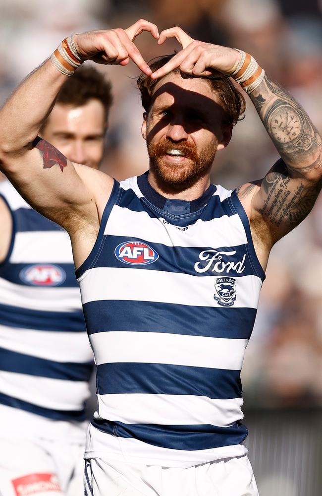 \Zach Tuohy of the Cats celebrates during the 2024 AFL Round 24 match between the Geelong Cats and the West Coast Eagles. (Photo by Michael Willson/AFL Photos via Getty Images)