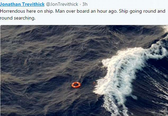 A tweet from passenger Jonathan Trevithick yesterday, showing a life ring in the water after the woman fell overboard.