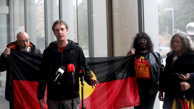 Black lives matter protester and protest application organiser Paddy Gibson pictured talking to media outside the Supreme court in Sydney. Picture: NCA NewsWire / Damian Shaw