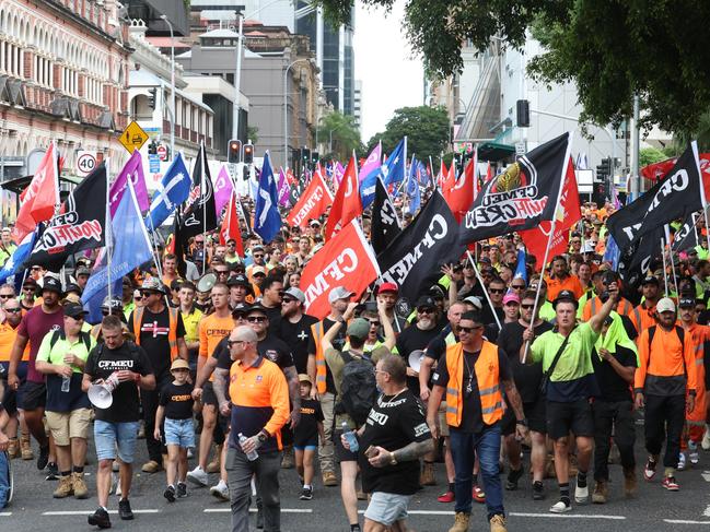 Thousands of tradies have descended on parliament today protesting changes to Best Practice Industry Conditions and right of entry to construction worksites across the state., Under the banner "Building Trades Group," members of the CFMEU, Electrical Trades Union (ETU) and Plumbers unions marched from Queen Victoria Park to Parliament House Picture Liam Kidston