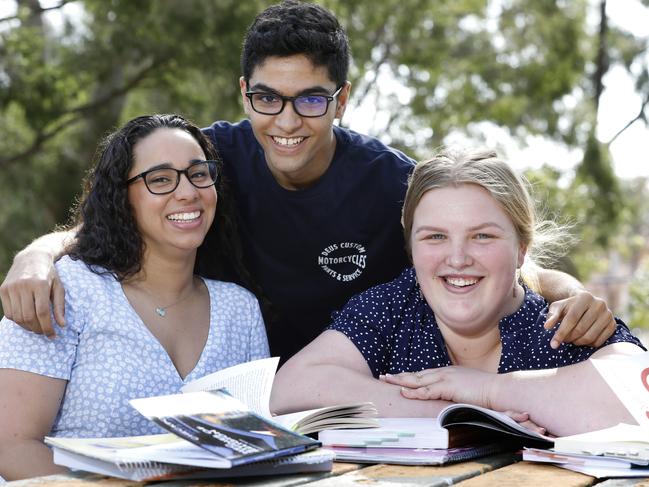 Olivia Andree-Evarts, 18, Tyson Andree-Evarts, 17 and Sarah Hodge, 18, will sit the HSC this month/ Picture: Chris Pavlich