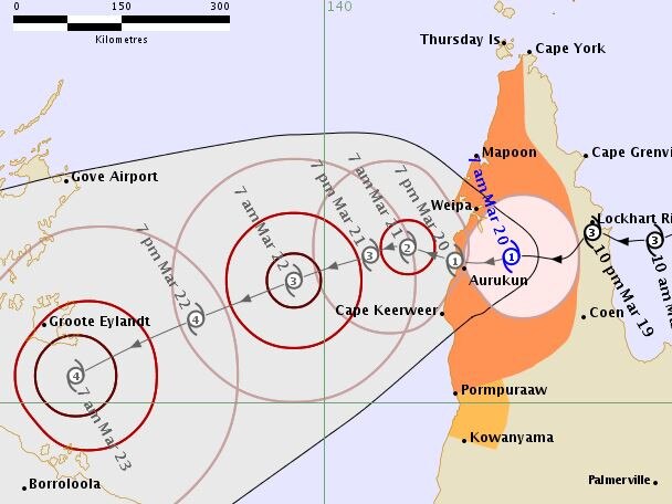 The 7.50am Bureau of Meteorology update showing the latest tracking of Cyclone Trevor as it weakens to a category 1 system.