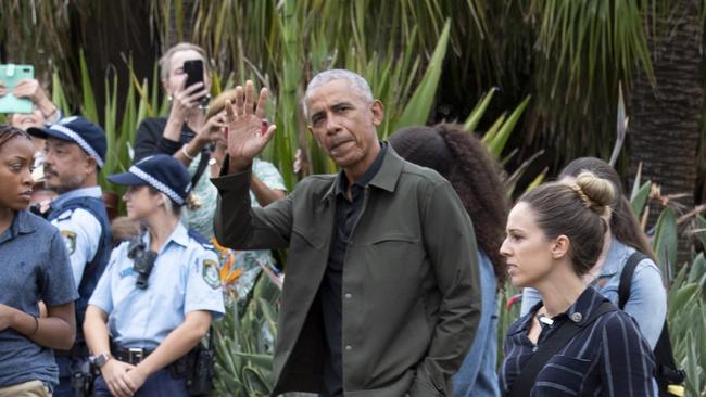 Former US President Barack Obama pictured leaving Balmoral Bathers Pavilion. Picture: Monique Harmer