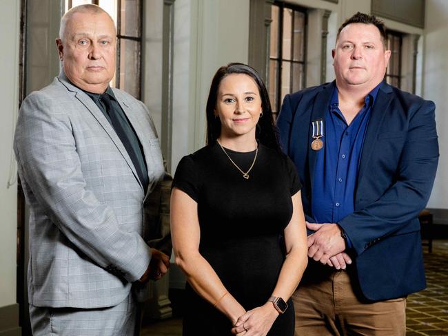 John Clark, Rebecca Ramsey and Steven Apthorp at The Royal Humane Society of Australasia Awards for Bravery at Brisbane City Hall, Friday, May 19, 2023 - Picture: Richard Walker