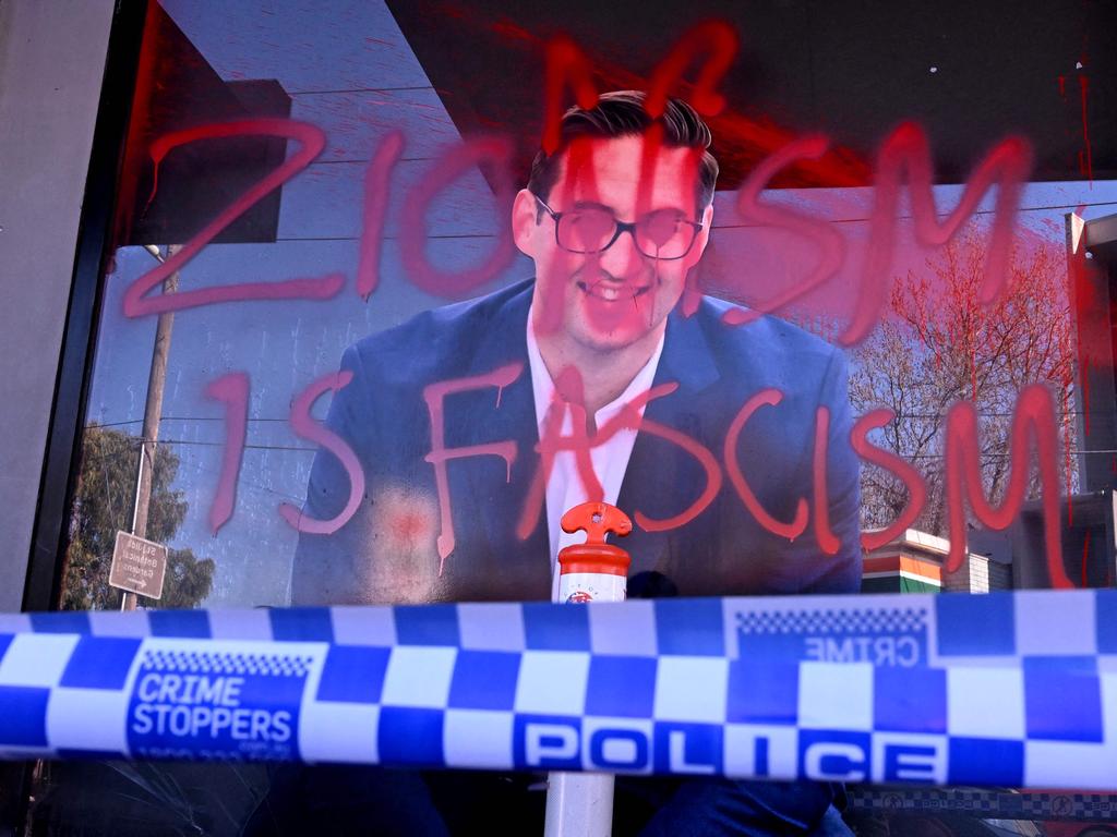 The slogan "Zionism is Fascism" was sprayed on the electoral office of Australian federal Labor Party member of parliament Josh Burns. (Photo by William WEST / AFP)