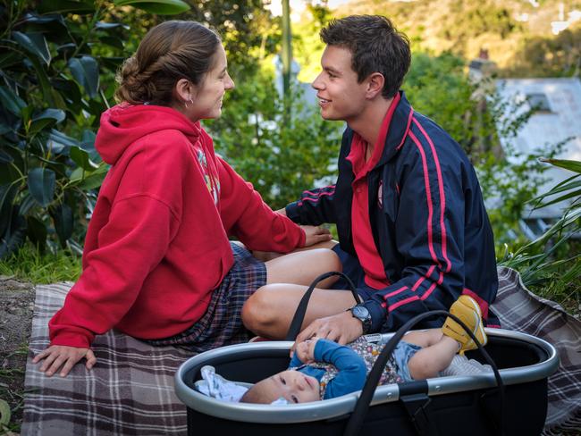 Oly (Nathalie Morris), Santi (Carlos Sanson Jnr) and their baby in Bump. Picture: Jacinda/Roadshow Rough Diamond