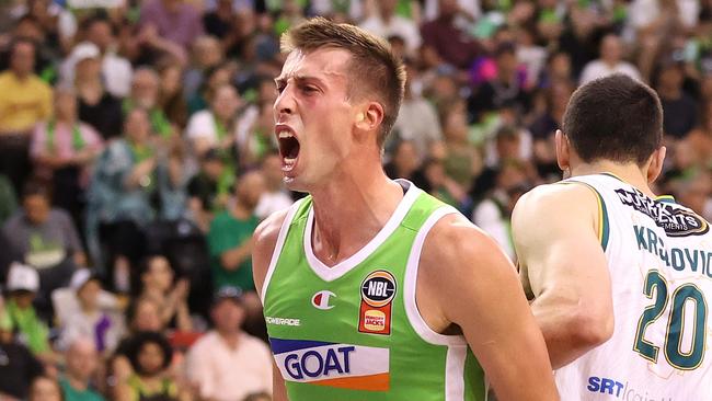 MELBOURNE, AUSTRALIA - JANUARY 25: Joe Wieskamp of the Phoenix celebrates during the round 18 NBL match between South East Melbourne Phoenix and Tasmania Jackjumpers at State Basketball Centre, on January 25, 2025, in Melbourne, Australia. (Photo by Kelly Defina/Getty Images)