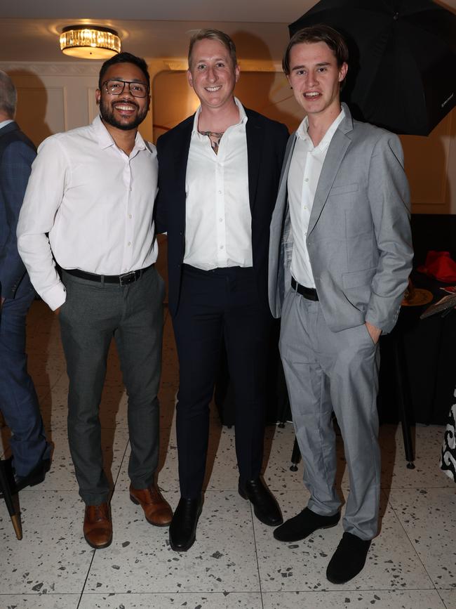 MELBOURNE, AUSTRALIA – OCTOBER 9 2024Pranav Menon, Sean Walker and Callan Cummins at the VAFA Awards Night at the San Remo Ballroom in Carlton on October 9, 2024Picture: Brendan Beckett