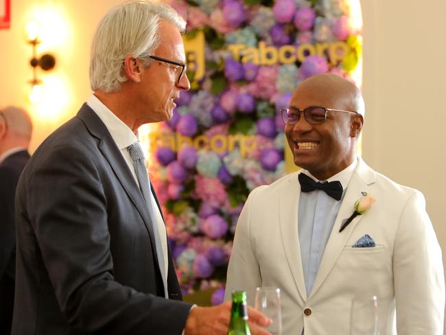 David Gallop and Brian Lara at the Tabcorp marquee in the Birdcage during the Spring carnival. He has joined the Tabcorp board after leaving FFA. Picture: Stuart McEvoy/The Australian