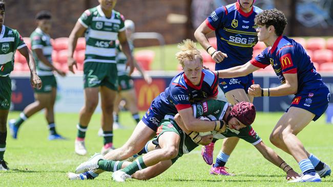 Alastair MacLachlan (left) of Western Clydesdales tackles Lachlan Martin of Ipswich Picture: Kevin Farmer