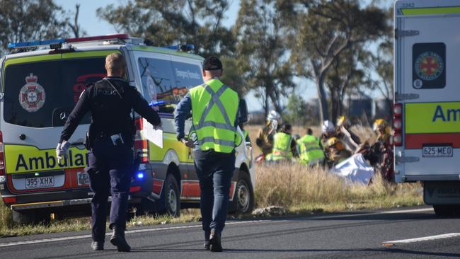 Emergency services rushed to a car and truck collision along the Warrego Highway in Bowenville on June 18. Picture: Sam Turner