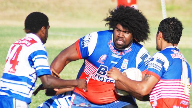 Roosters forward Gordon Santo looking for the try line in Sunday's  clash with Brothers at Williams Park.