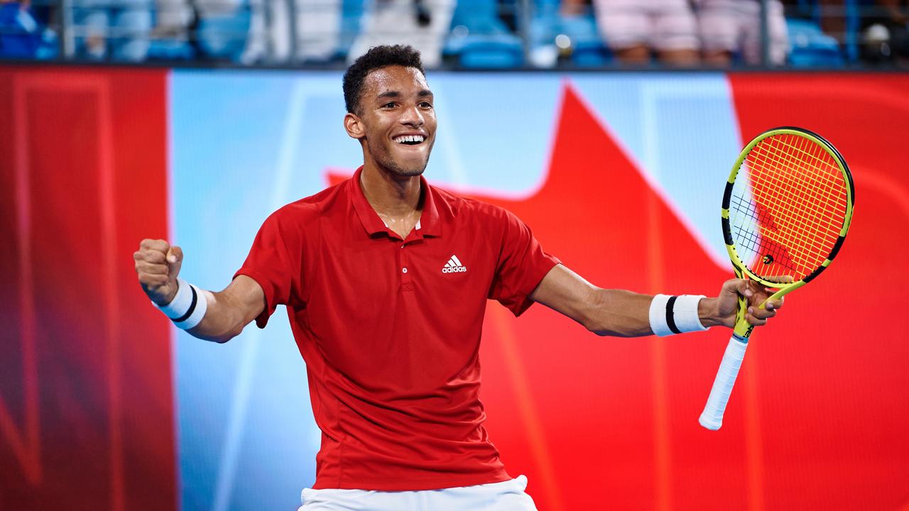 Felix Auger-Aliassime of Canada celebrates victory in his final match against Roberto Bautista Agut of Spain during day nine of the 2022 ATP Cup.