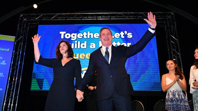 Queensland OppositIon Leader Tim Nicholls and his wife Mary are seen at the LNP campaign launch. Picture: AAP Image/Darren England