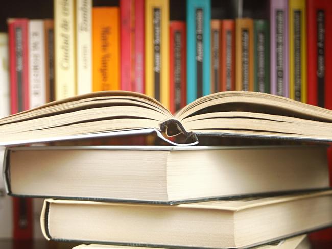 Stack of books on a wooden library shelf, the one on top open , multicolored book spines in a row in the background. Copy space on the left.