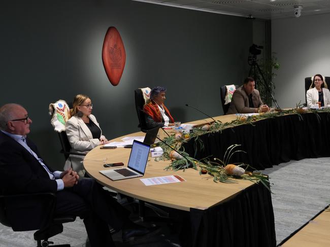 Commission members, Kevin Bell AM KC, Sue-Anne Hunter,  Professor Eleanor Bourke AM, Travis Lovett and Professor Maggie Walter. Picture: Brianna Young/Yoorrook Justice Commission.