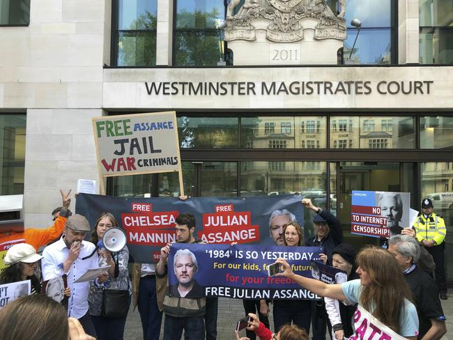 Julian Assange supporters gather outside Westminster Magistrates Court in London last week. Picture: AP