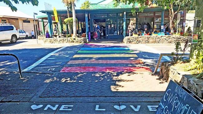 This pedestrian crossing at Nimbin was painted in rainbow colours for free. It will cost $10,000 in Lismore.