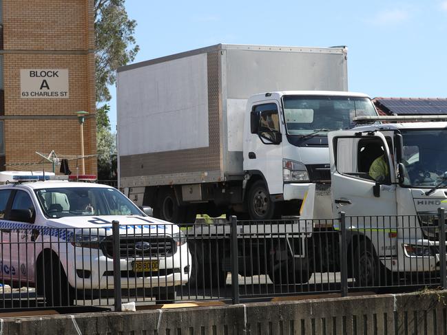 Police have sealed a truck and removed it via tow truck. Picture: John Grainger