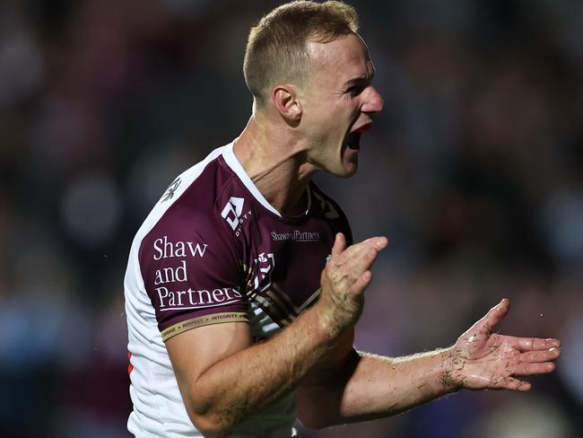 SYDNEY, AUSTRALIA - APRIL 26:  DalyÃÂ Cherry-Evans of the Sea Eagles celebrates after scoring a try during the round eight NRL match between Manly Sea Eagles and Parramatta Eels at 4 Pines Park on April 26, 2024, in Sydney, Australia. (Photo by Cameron Spencer/Getty Images)