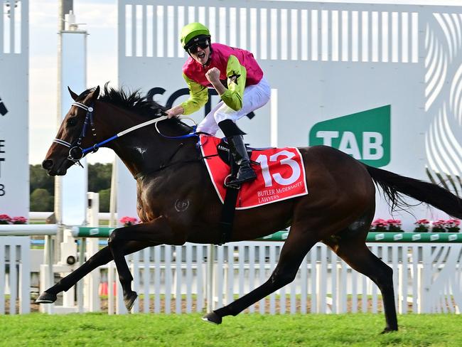 Knight's Choice wins the Group 3 Winx Guineas on the Sunshine Coast for trainers Sheila Laxon and John Symons and apprentice jockey Jaden Lloyd. Picture: Grant Peters, Trackside Photography