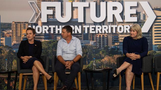 Lia Finocchiaro Leader of the Opposition NT, Matt Cunningham Sky News and Chief Minister Eva Lawler at the NT News Futures Northern Territory forum 2024. Picture: Pema Tamang Pakhrin