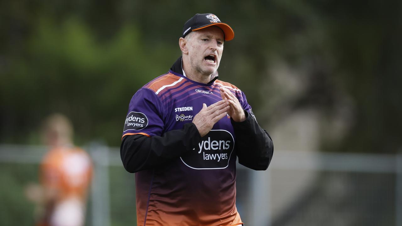SYDNEY, AUSTRALIA - APRIL 13: Wests Tigers coach Michael Maguire reacts during a Wests Tigers NRL training session at St Lukes Park North on April 13, 2022 in Sydney, Australia. (Photo by Mark Evans/Getty Images)