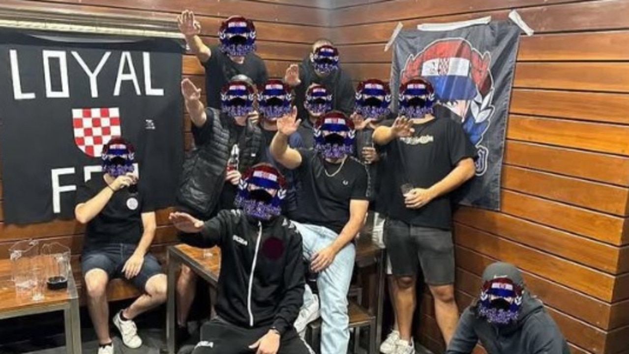 This image that emerged on Facebook appears to show North Geelong Warriors Football Club supporters performing the Nazi salute at the Croatian Club in Bell Park.