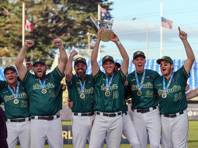 Australia celebrates its success in the 2022 Softball World Cup. Picture: Shane Wenzlick/World Baseball Softball Confederation