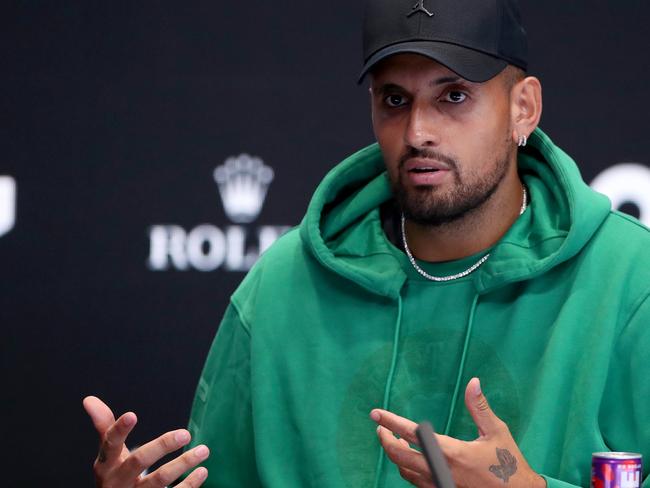 MELBOURNE, AUSTRALIA - JANUARY 14: Nick Kyrgios of Australia speaks during a press conference during a practice session ahead of the 2023 Australian Open at Melbourne Park on January 14, 2023 in Melbourne, Australia. (Photo by Kelly Defina/Getty Images)