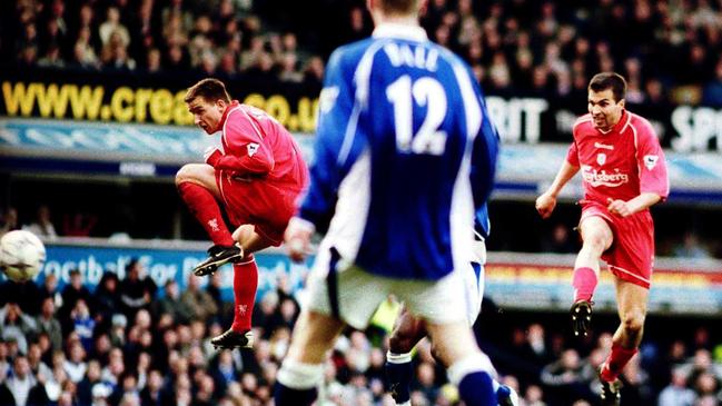 Markus Babbel scores Liverpool’s second goal in a 3-1 win over Everton in April, 2001. Picture: Getty Images