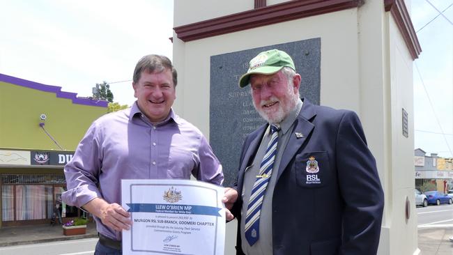 Federal Member for Wide Bay Llew O'Brien and Goomeri RSL member David Pitstock. Photo/Holly Cormack