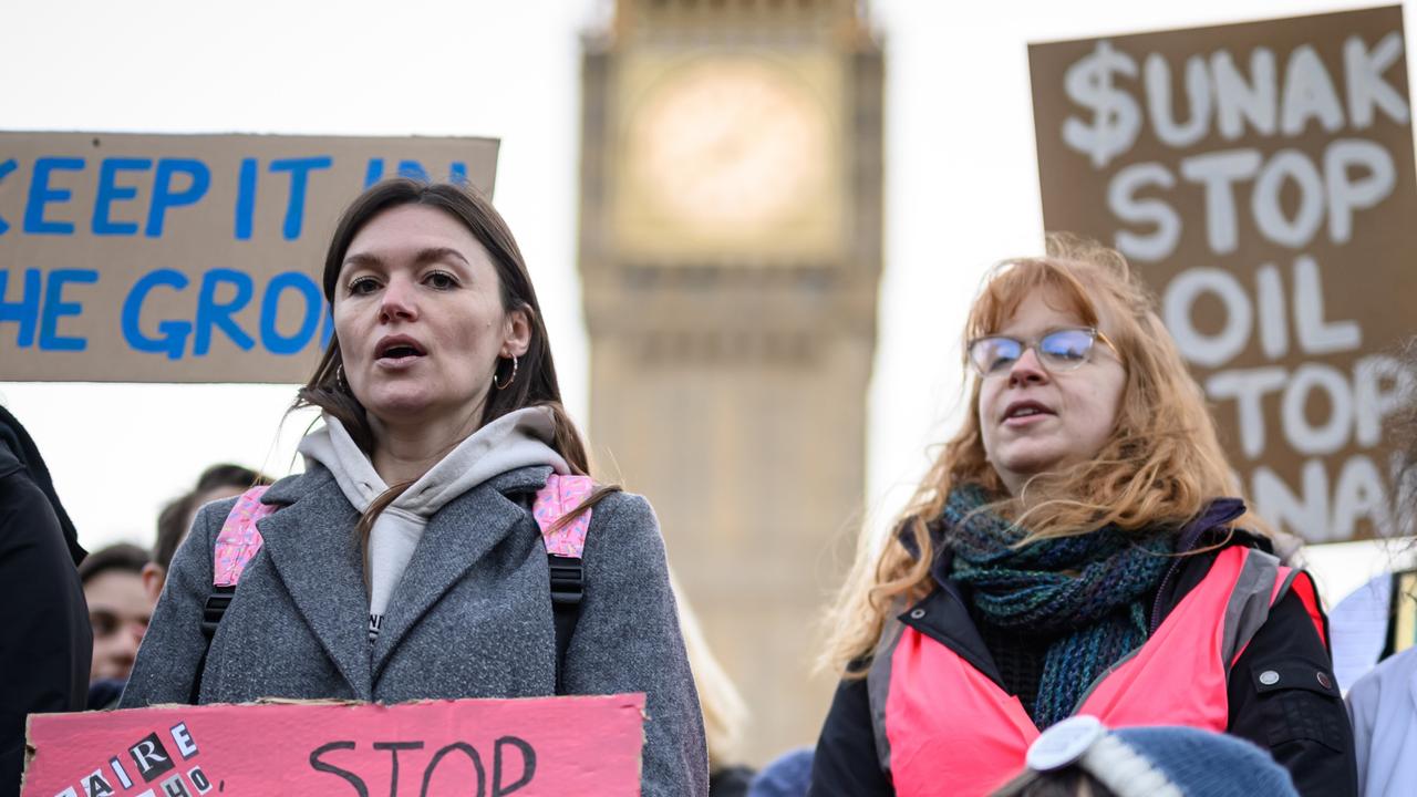 Just Stop Oil campaigners gather to protest against the Offshore Licensing Bill in Parliament Square on January 22, 2024 in London, England. Environmental campaigners and some Northern Mayors are calling on the Government to drop the parliamentary Bill that aims to encourage more licence applications for extracting oil and gas in the North Sea. Picture: Leon Neal/Getty Images