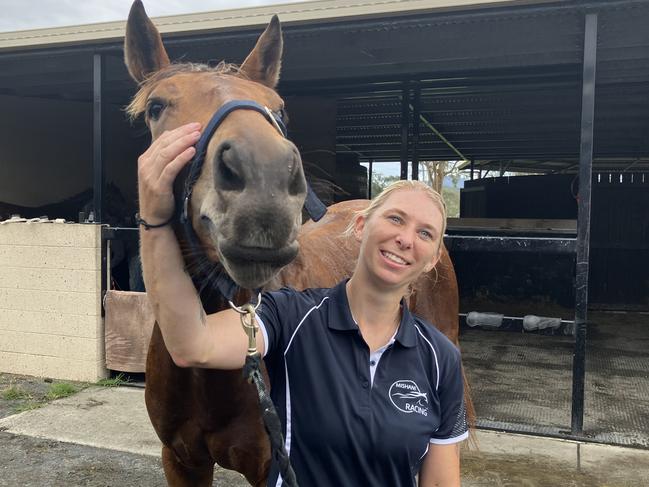 Queensland apprentice jockey Emily Pomfrett is back on the horse as she recovers from a brain injury sustained in a shocking incident earlier this year. Picture: Ben Dorries,