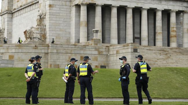 Police patrolling the city ahead of planned protests on Saturday. Picture: Daniel Pockett