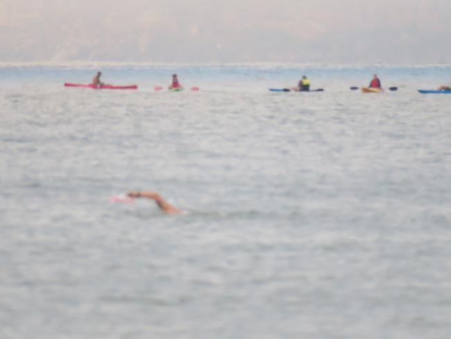 One of the swimmers heading towards a flotilla of support kayaks and boats. Picture: Richard Noone