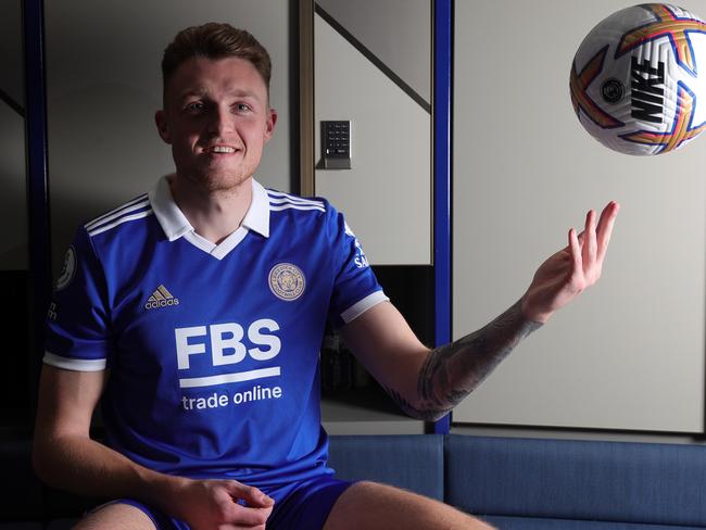 LEICESTER, ENGLAND - JANUARY 31: Leicester City Unveil New Signing Harry Souttar at Leicester City Training Ground, Seagrave on January 31, 2023 in Leicester, United Kingdom. (Photo by Plumb Images/Leicester City FC via Getty Images)