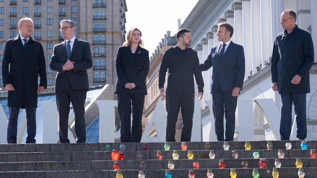 Poland's Prime Minister Donald Tusk, British Prime Minister Sir Keir Starmer, Ukrainian President Volodymyr Zelensky and his wife Olena Zelenska, French President Emmanuel Macron and German Chancellor Friedrich Merz in Kyivrecently. Picture: Stefan Rousseau - WPA Pool/Getty Images