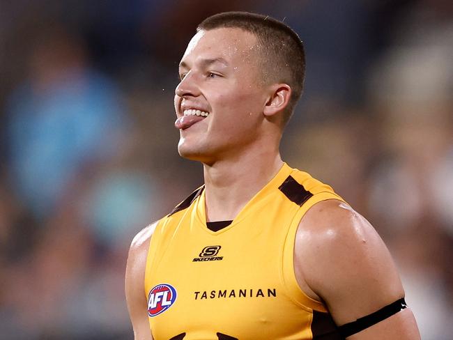 ADELAIDE, AUSTRALIA - APRIL 13: Jack Ginnivan of the Hawks celebrates during the 2025 AFL Round 05 match between the Port Adelaide Power and the Hawthorn Hawks at Adelaide Oval on April 13, 2025 in Adelaide, Australia. (Photo by Michael Willson/AFL Photos via Getty Images)