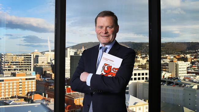 University of Tasmania vice-chancellor Peter Rathjen on the 15th floor of the uni’s new student/lecturer accommodation in Melville St, Hobart. Picture: SAM ROSEWARNE